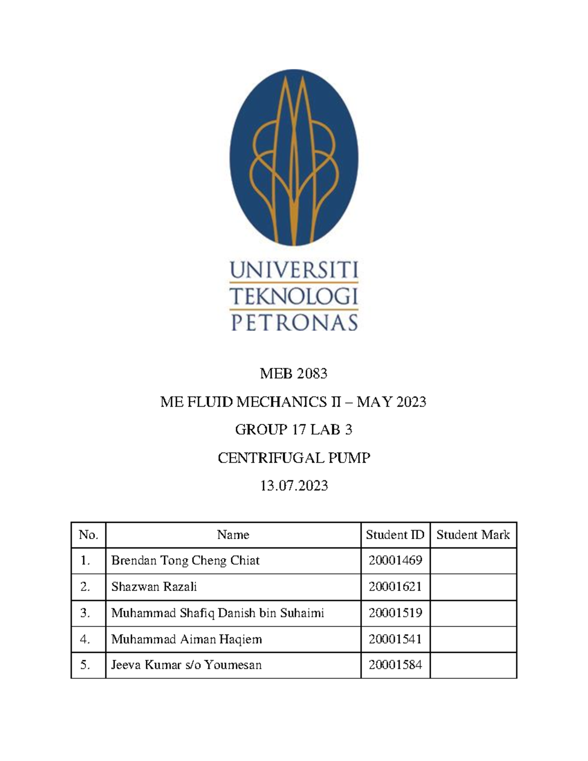 Fluid Mechanics II Lab Report Wind Tunnel - CENTRIFUGAL PUMP - MEB ME ...