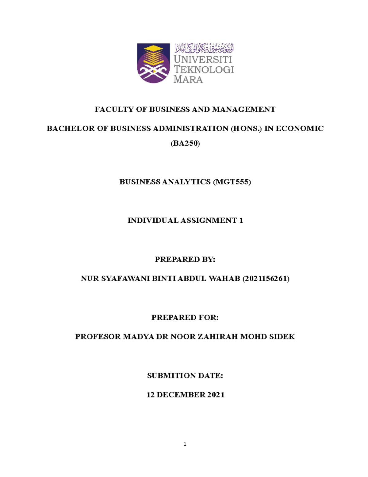 Assignment Individual 1 MGT555 - FACULTY OF BUSINESS AND MANAGEMENT ...