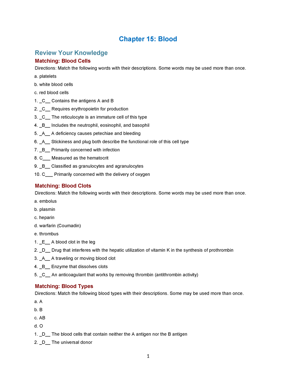 AHP106 Wk4 Assignment - Chapter 15: Blood Review Your Knowledge ...