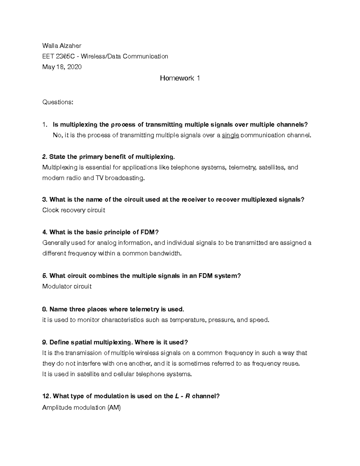 Homework 1 Wireless communication - Walla Alzaher EET 2365C - Wireless ...