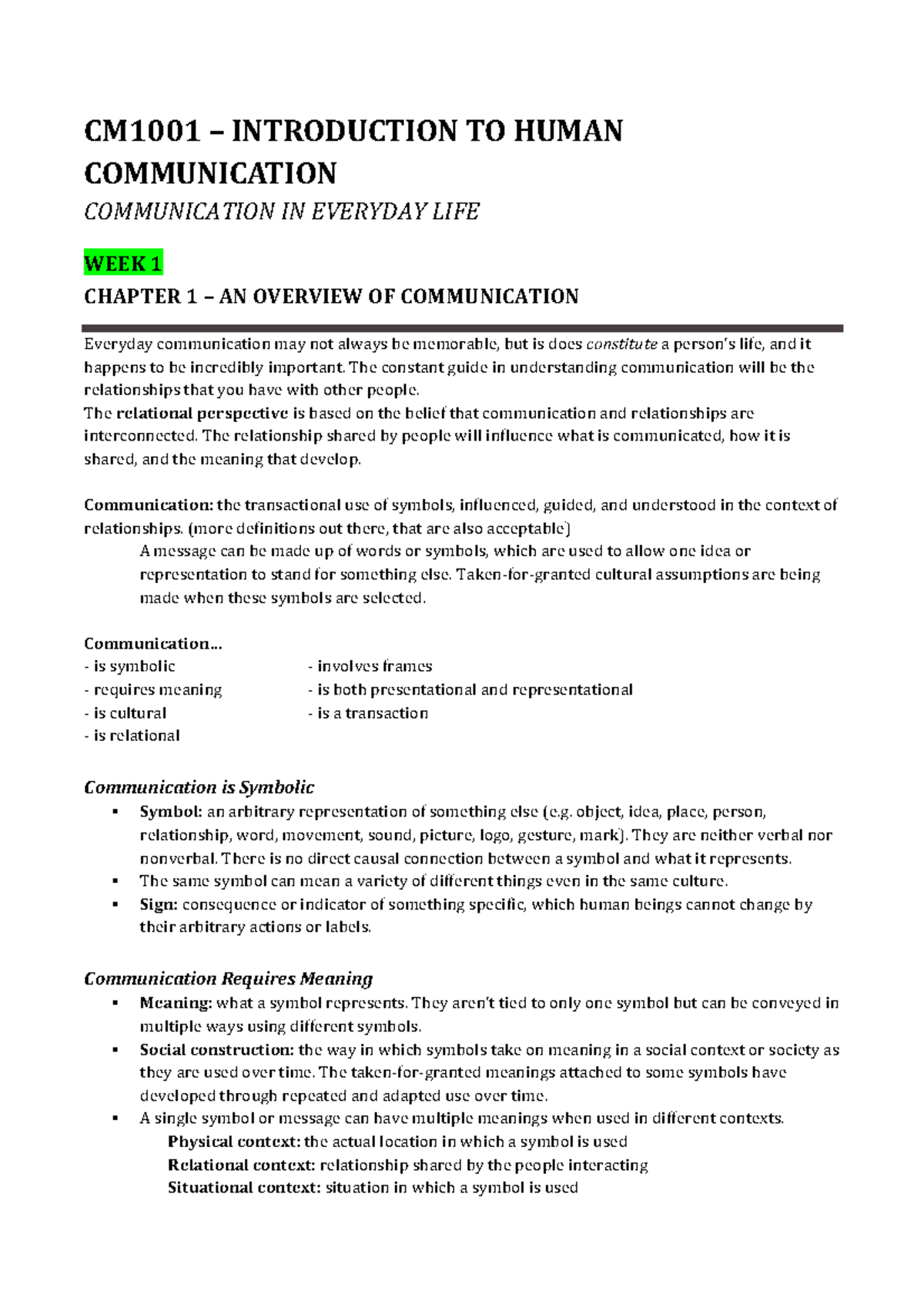 CM1001 Summary - CM1001 3 INTRODUCTION TO HUMAN COMMUNICATION ...