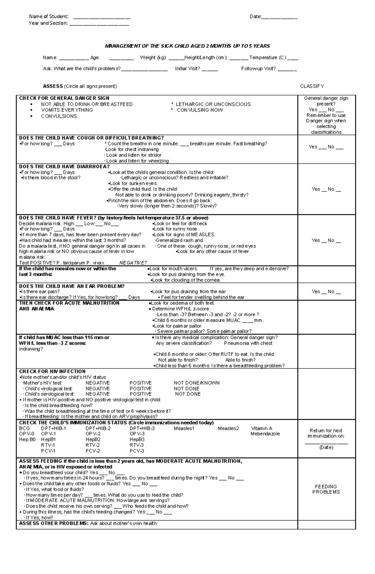 Recording FORM IMCI 2 5 Years OLD - MANAGEMENT OF THE SICK CHILD AGED 2 ...