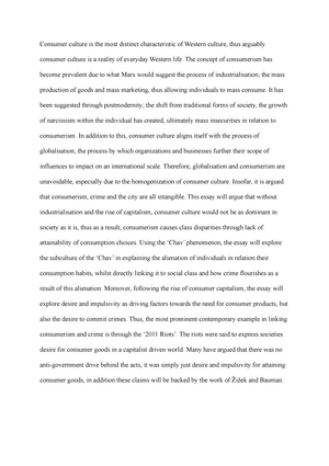 Consumerism Essay Finished Consumer Culture Is The Most Distinct Characteristic Studocu