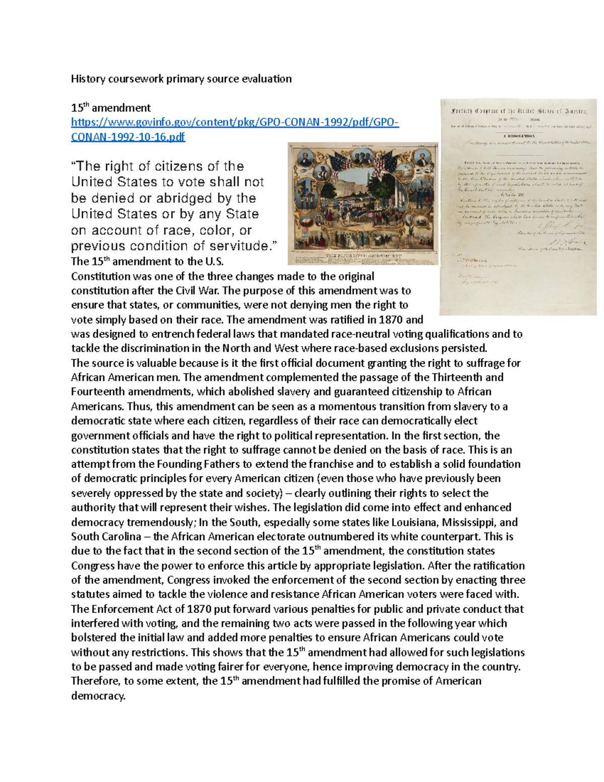 History coursework primary source evaluation - ” The 15th amendment to ...