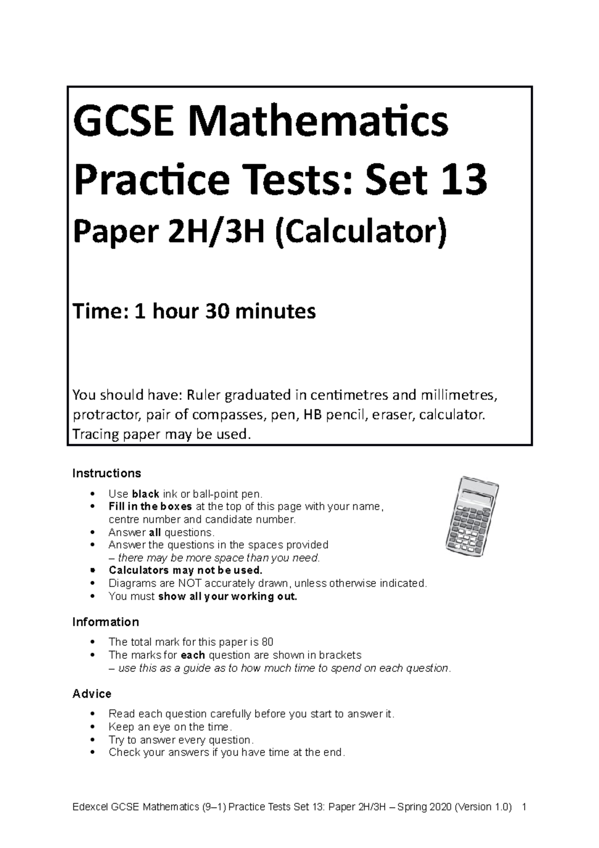 Gcse Mathematics Practice Tests Set 4 Paper 2h Answers