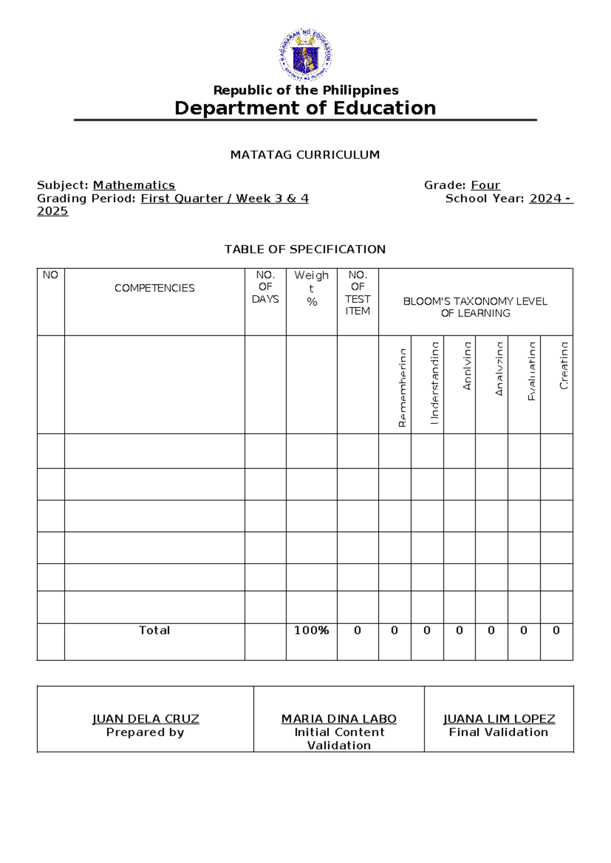 Matatag TOS Template 1 - Tos - Republic of the Philippines Department ...