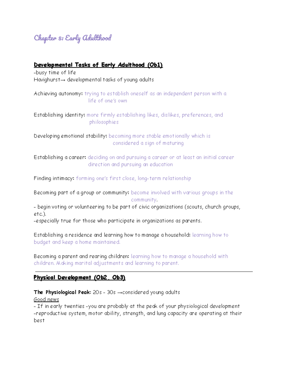 Ch. 8 Psych 41 notes - Chapte 8: Earl Adulthoo Developmental Tasks of ...