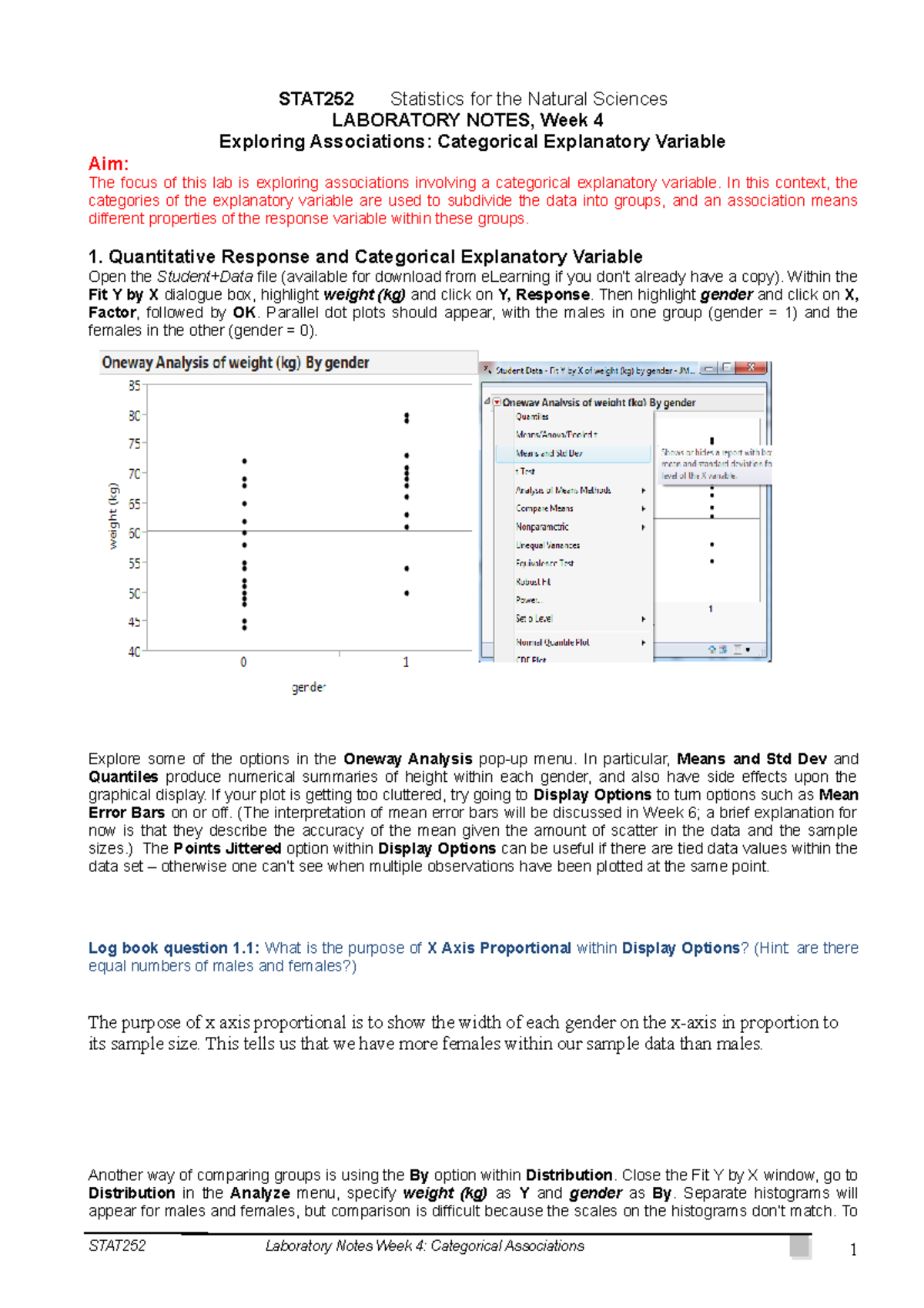Logbook Week 4 - STAT252 Statistics for the Natural Sciences LABORATORY NOTES, Week 4 Exploring ...