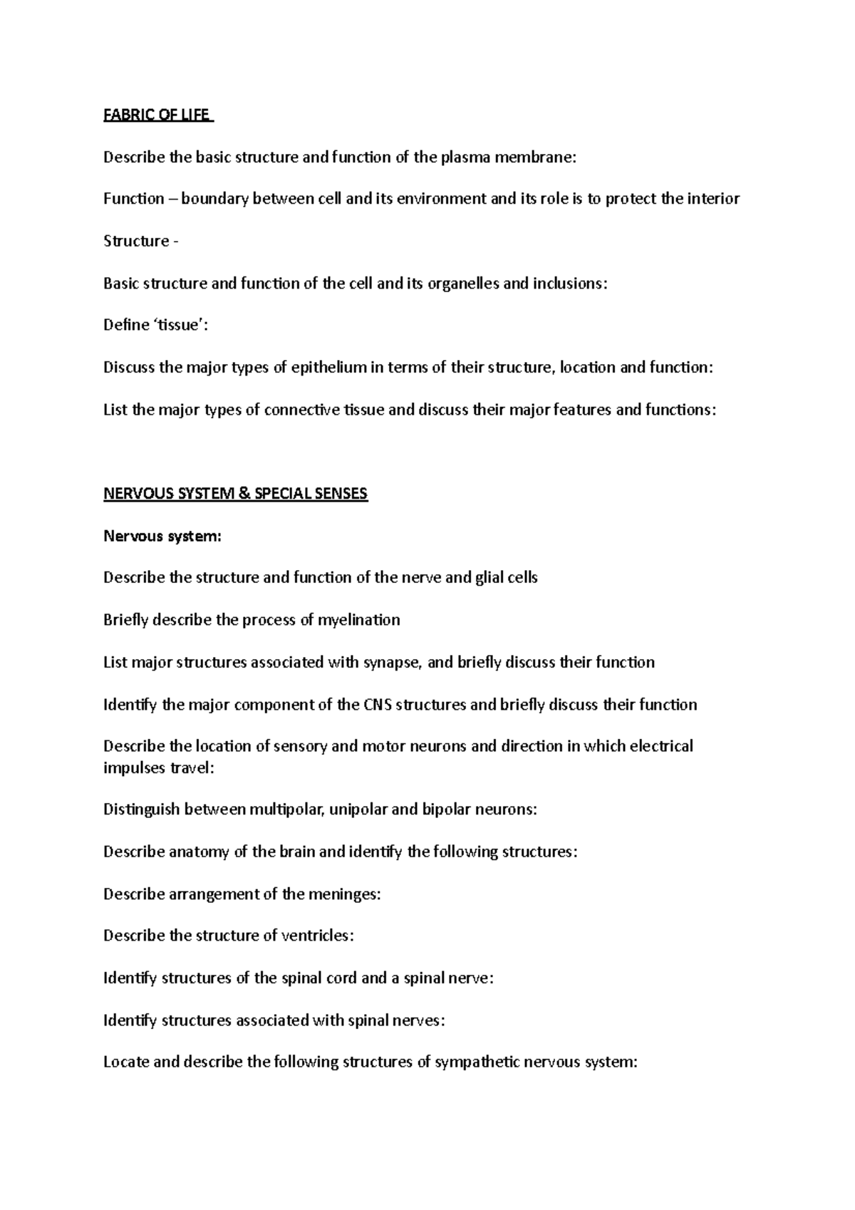 Lqb185 notes learning FABRIC OF LIFE Describe the basic