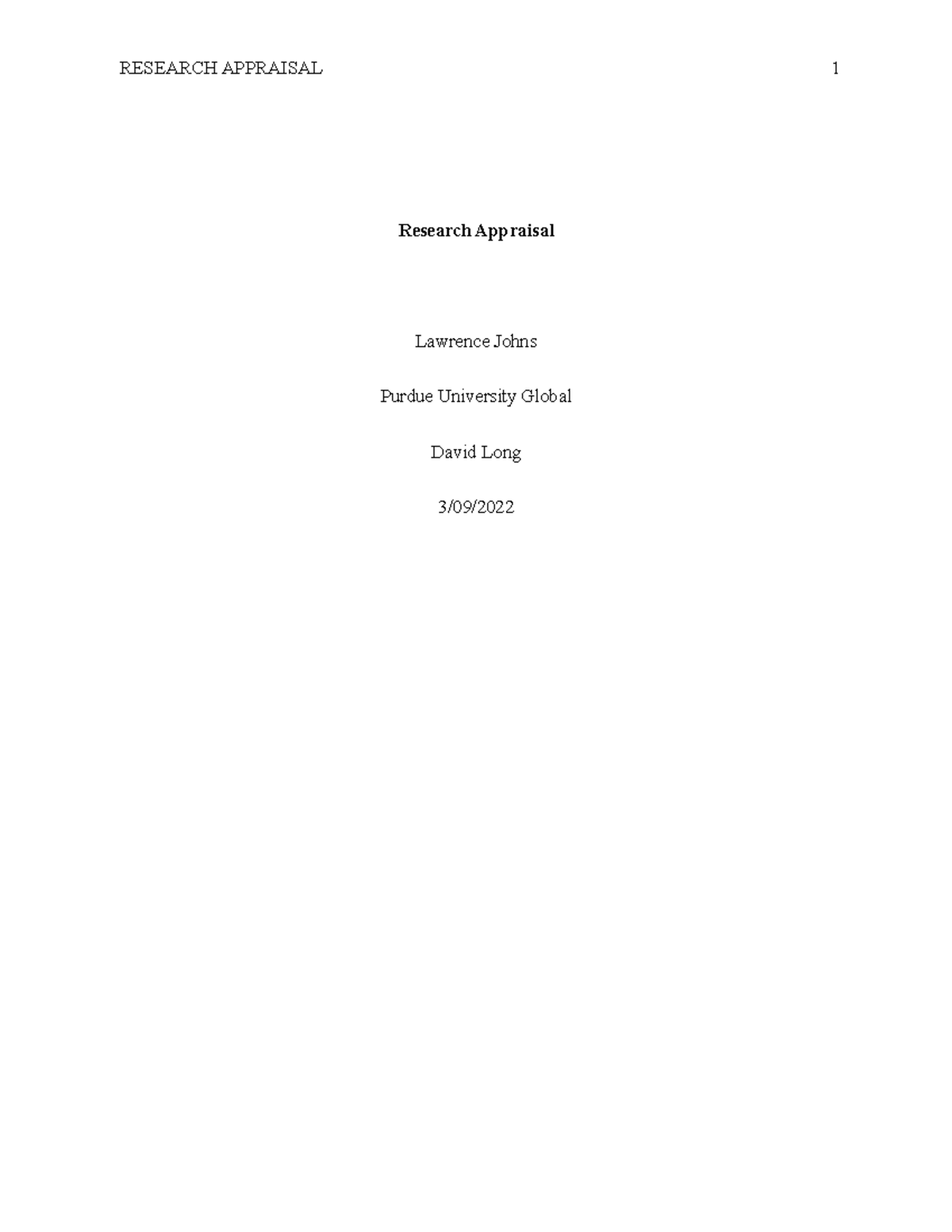 Research Article Appraisal Research Appraisal Lawrence Johns Purdue