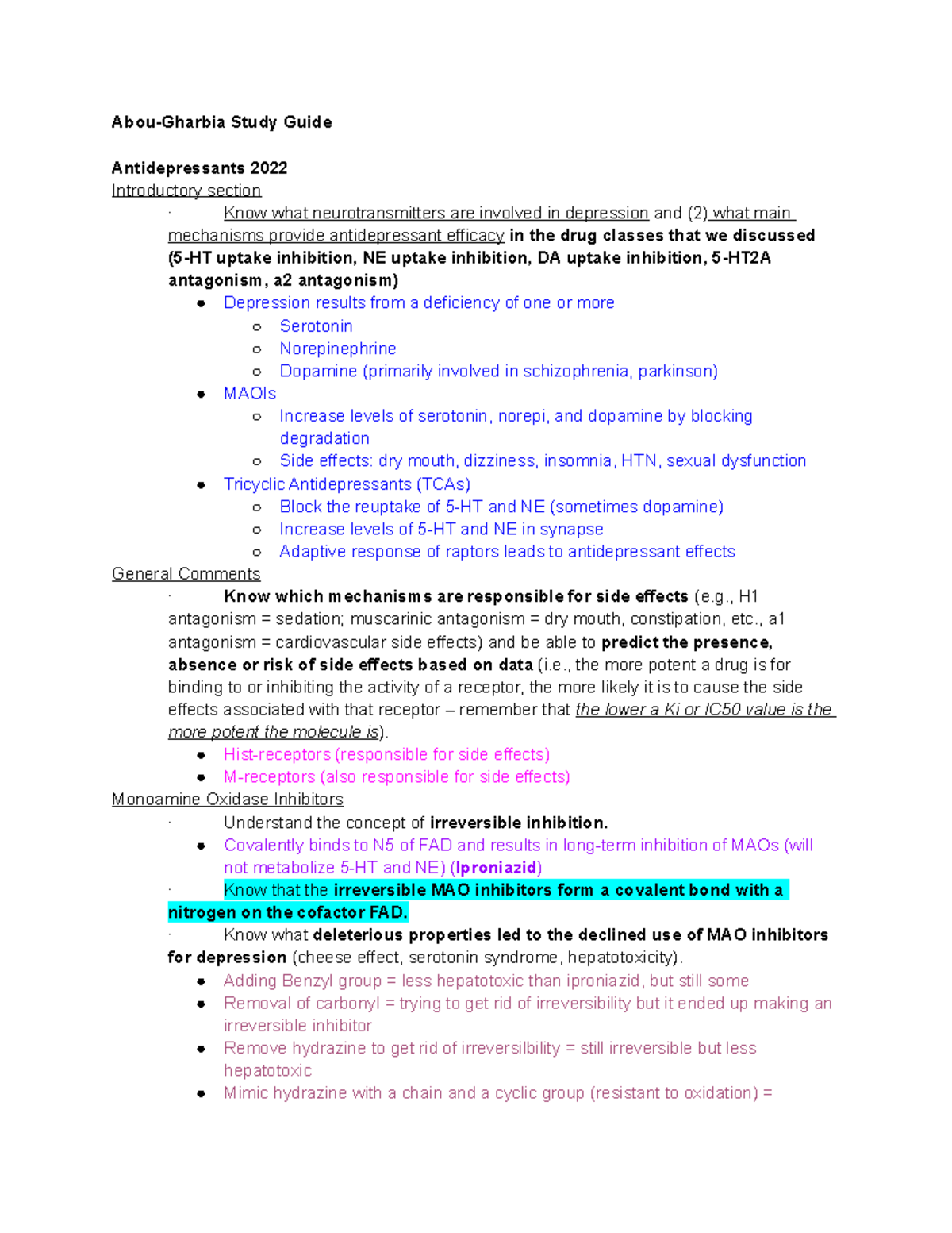 Antidepressants - Dr. Childers - Abou-Gharbia Study Guide ...