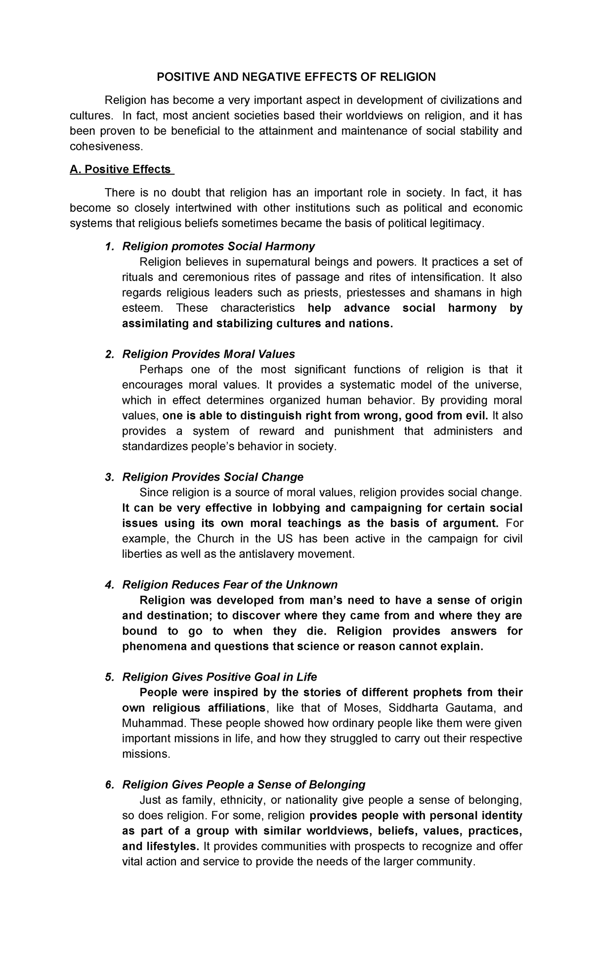 Handout- Iwrbs 11 (1ST) - POSITIVE AND NEGATIVE EFFECTS OF RELIGION ...