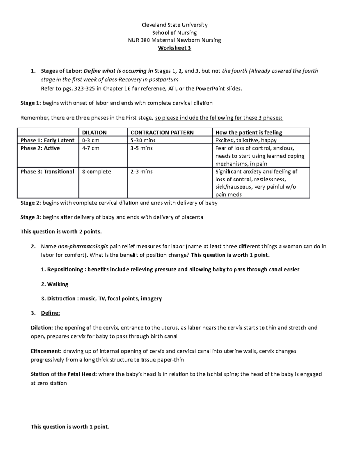 Worksheet #3 Stages of Labor - Cleveland State University School of ...