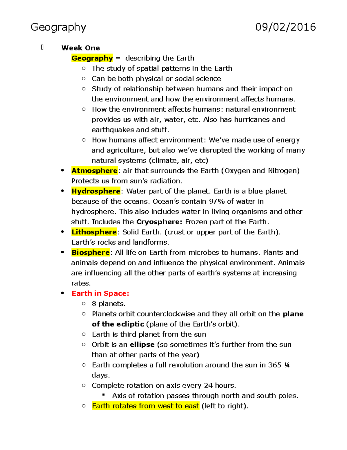 Exam 1 Geography101 Notes - Geography 09/02/2016 Week One Geography ...