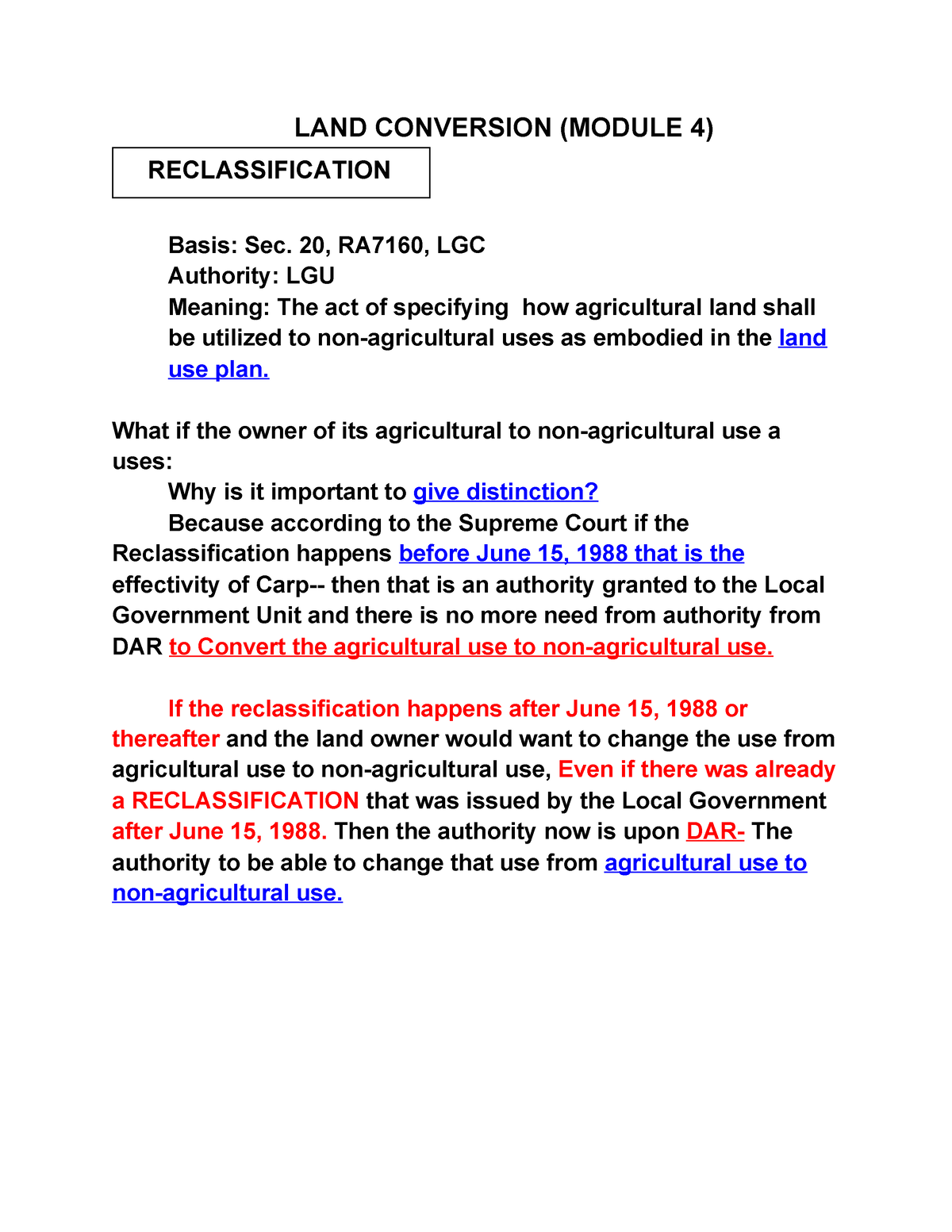 Agrarian Module 4 - Notes - LAND CONVERSION (MODULE 4) RECLASSIFICATION ...