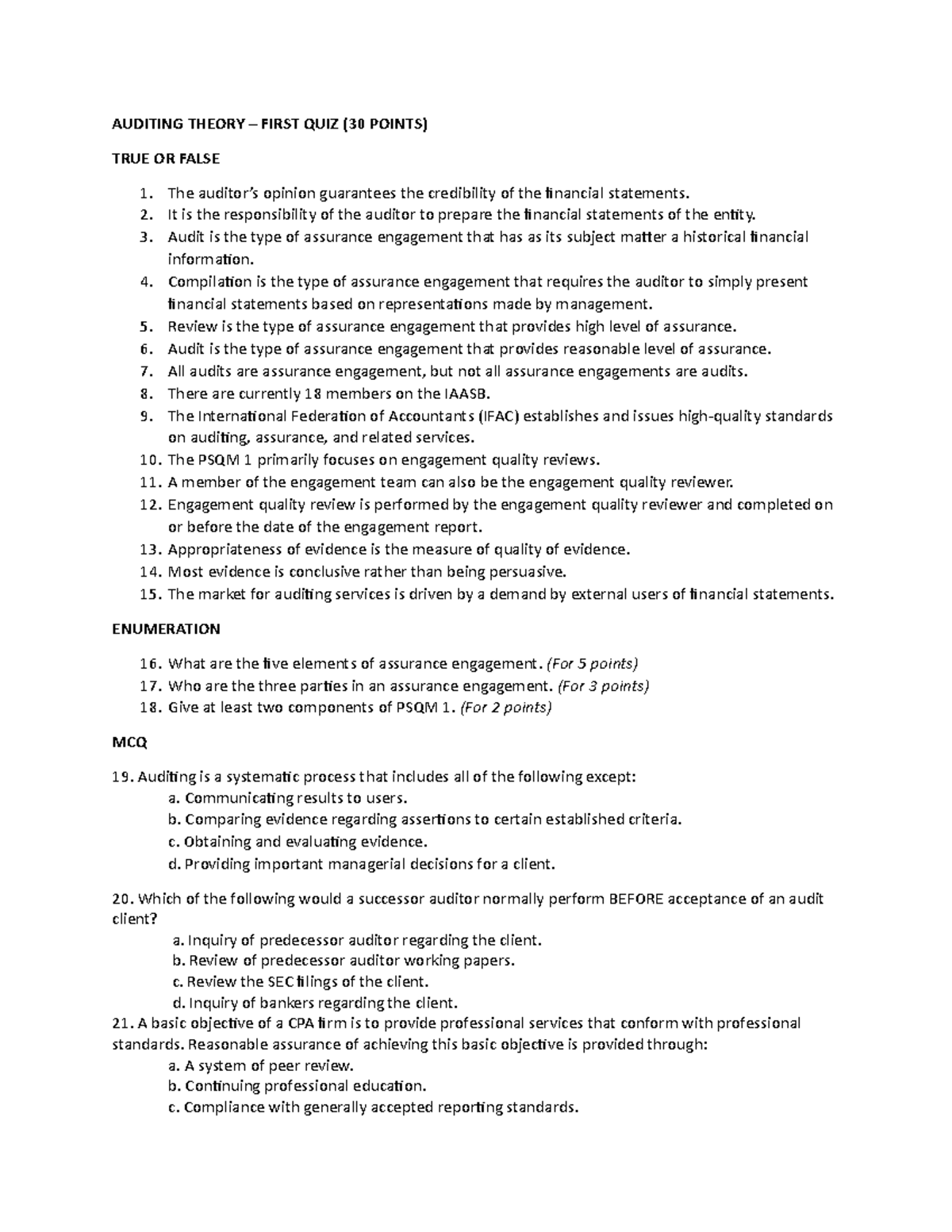 AT - First Quiz - AT PRACTICE - AUDITING THEORY – FIRST QUIZ (30 POINTS ...
