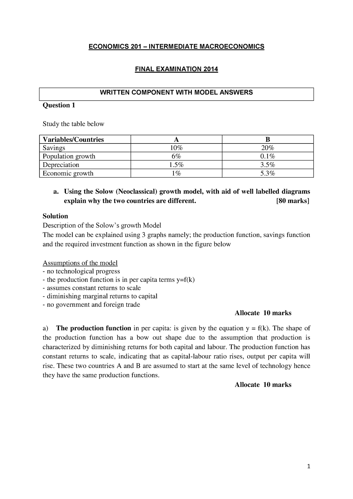 ECON201 Exam Solution Q1 - ECONOMICS 201 – INTERMEDIATE MACROECONOMICS ...