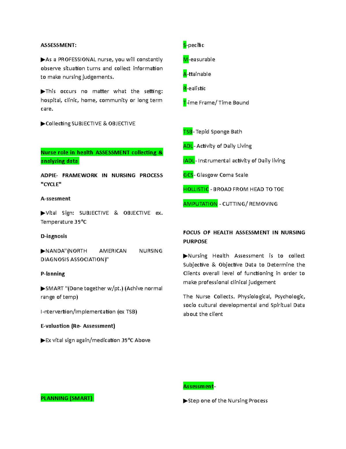 H - Learning health assessment for future nurses - ASSESSMENT: As a ...