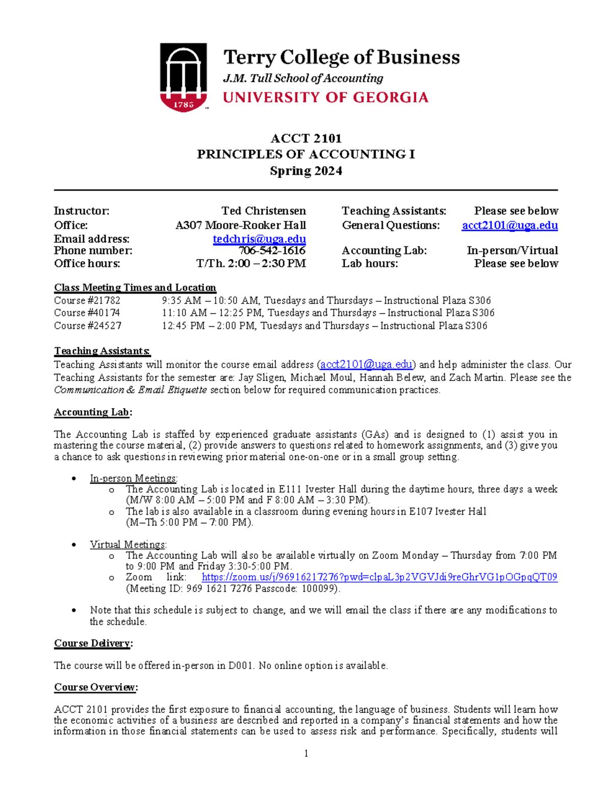 Syllabus ACCT 2101 Spring 2024-TC - ACCT 2101 PRINCIPLES OF ACCOUNTING ...