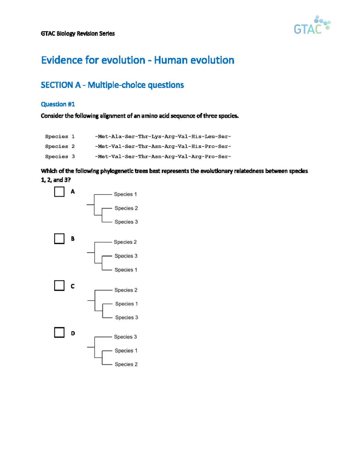 GTAC - Human Evolution - Practice material for unit 3/4 biology - Studocu