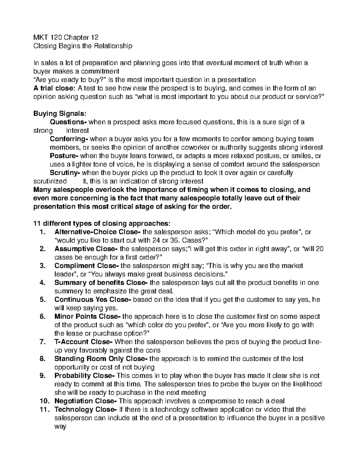 MKT 120 Chapter 12 - Lecture Notes 12 - MKT 120 Chapter 12 Closing ...