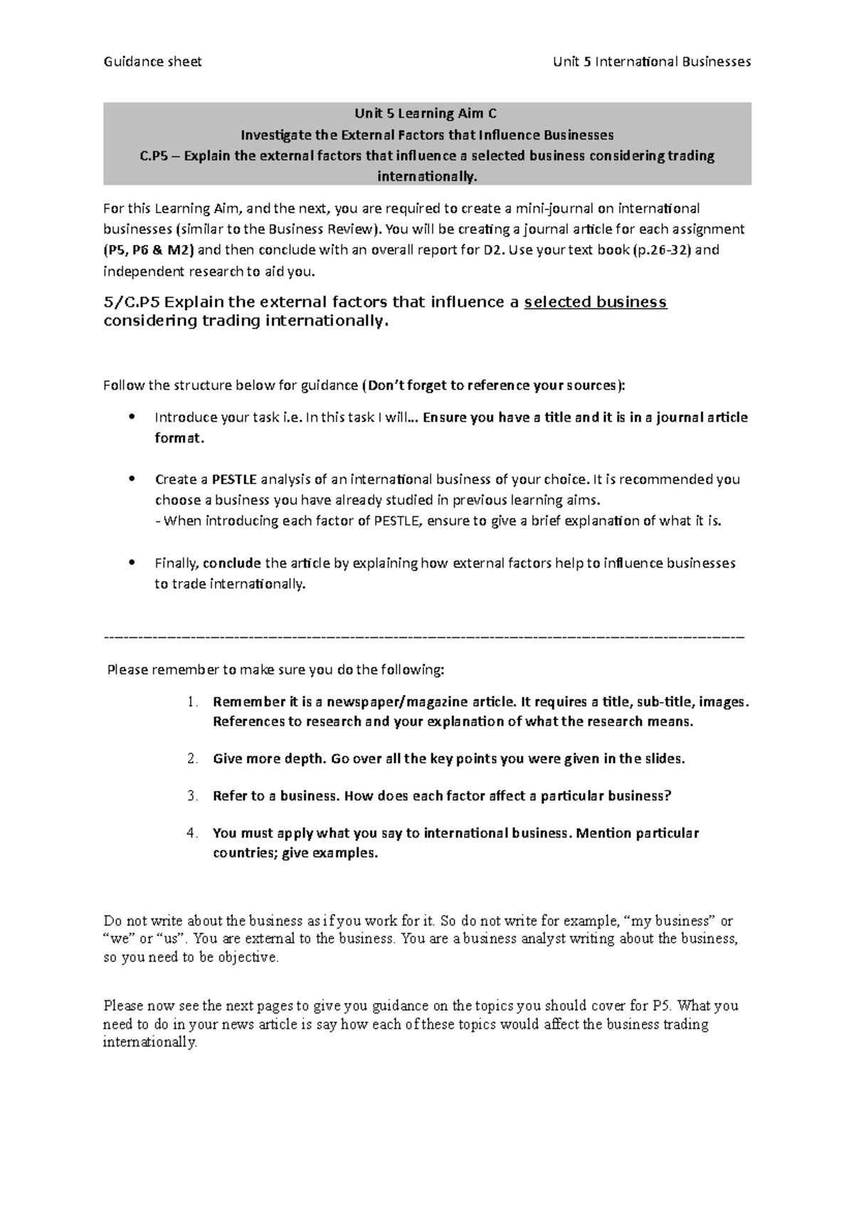 UNIT 5 Assignment Guidance Sheet - Unit 5 Learning Aim C Investigate ...