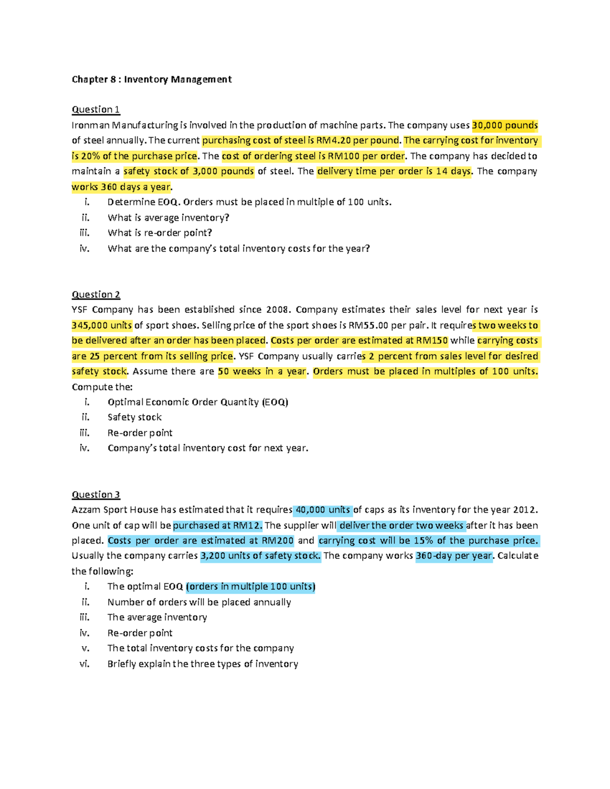 Question Ch 8 Inventory Management - Chapter 8 : Inventory Management ...