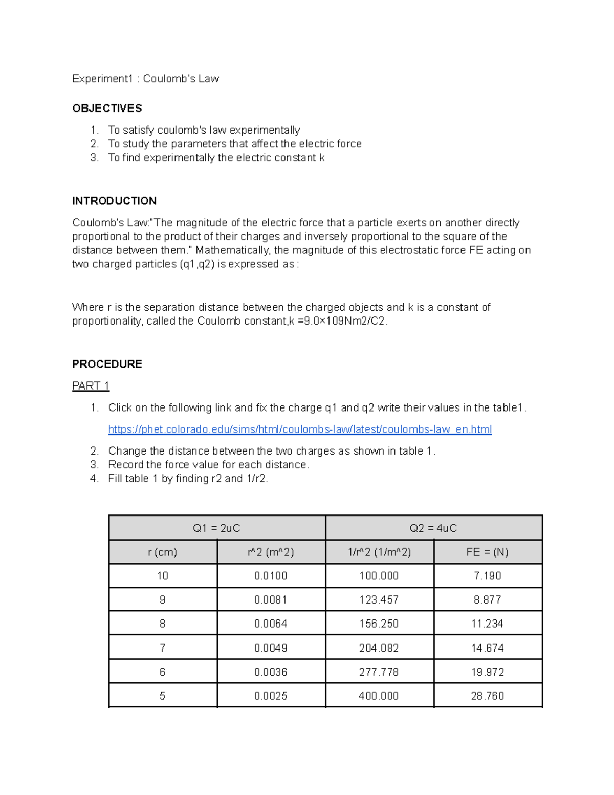 PHY150 lab report Experiment1 Coulomb’s Law OBJECTIVES 1. To