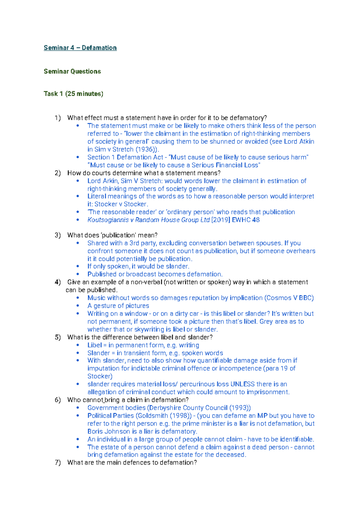 Seminar 4 Defamation - Seminar 4 – Defamation Seminar Questions Task 1 ...
