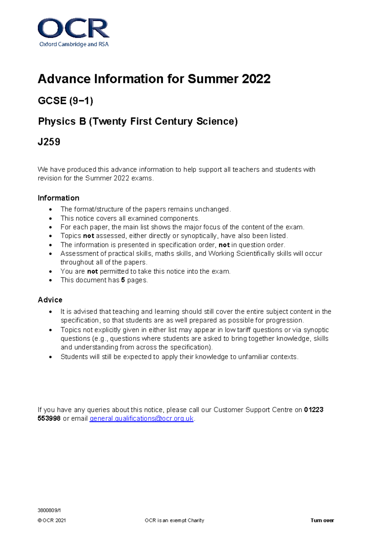 J259 GCSE Physics B (Twenty First Century Science) Advance Information