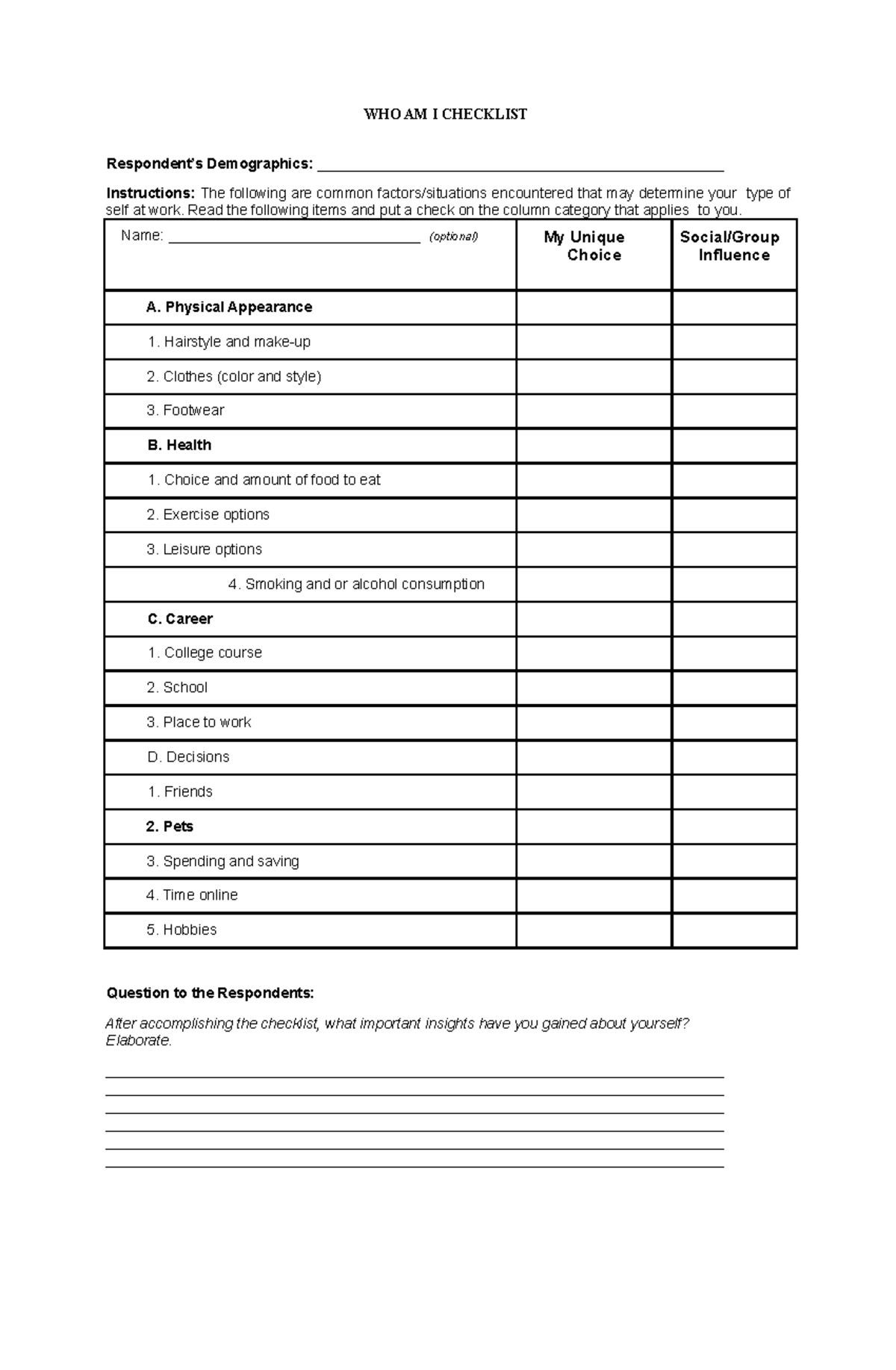 Who Am I Checklist - Who Am I Checklist Respondent’s Demographics 