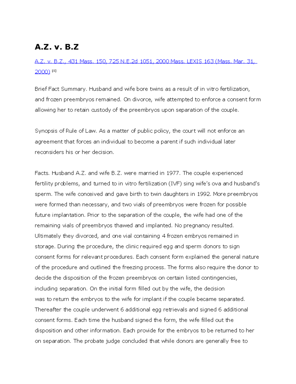 A Z V B Professor Klass Contracts Case Brief Studocu