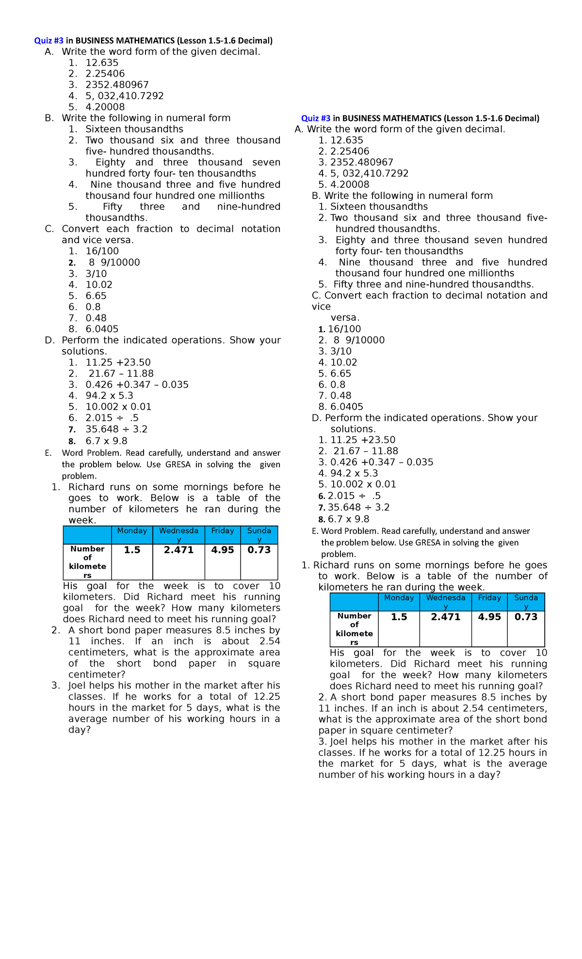 business plan math reading quiz knowledge matters