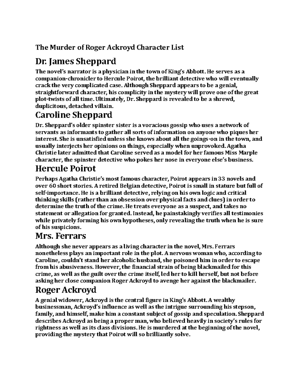 The Murder of Roger Ackroyd character list - James Sheppard The novel’s