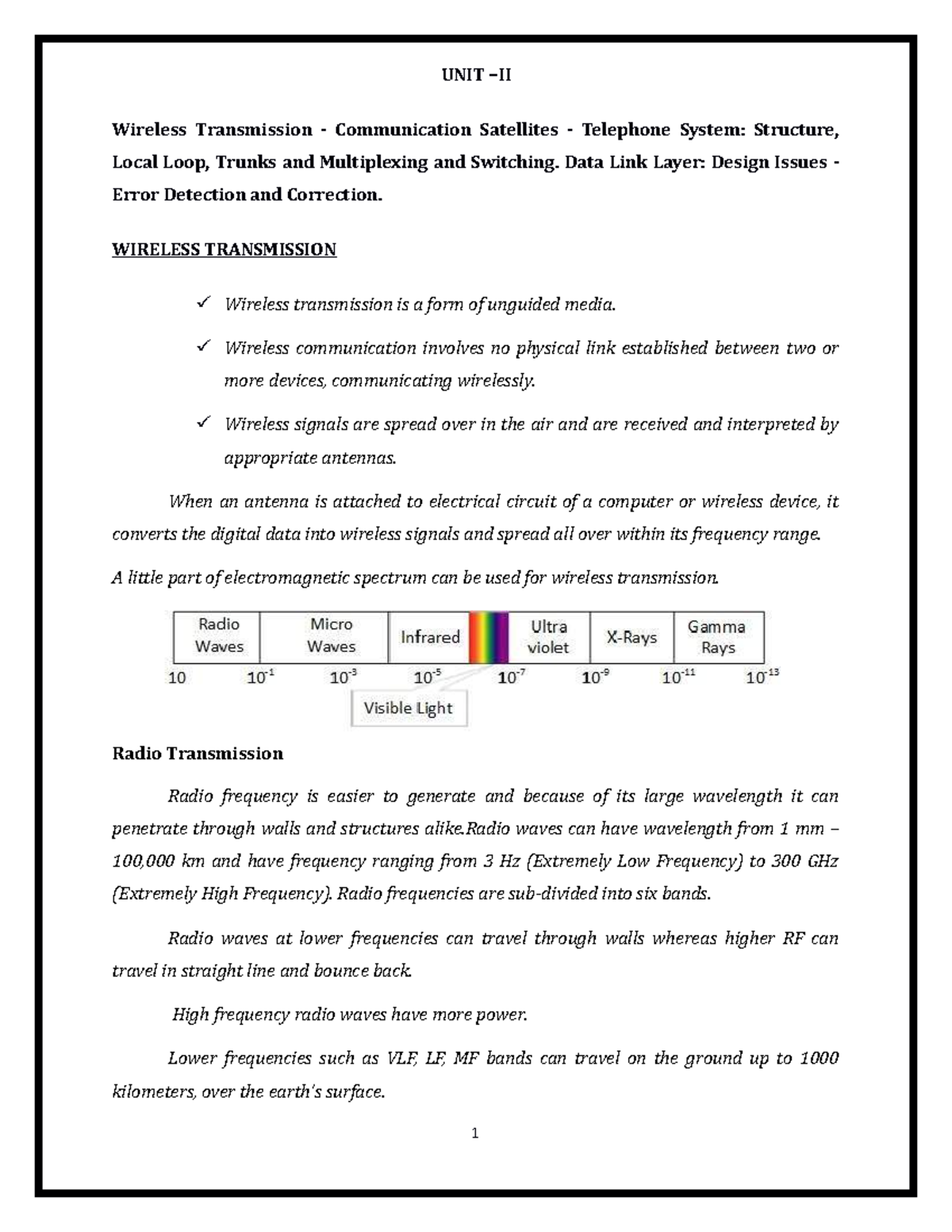 UNIT II CN UNIT II Wireless Transmission Communication Satellites