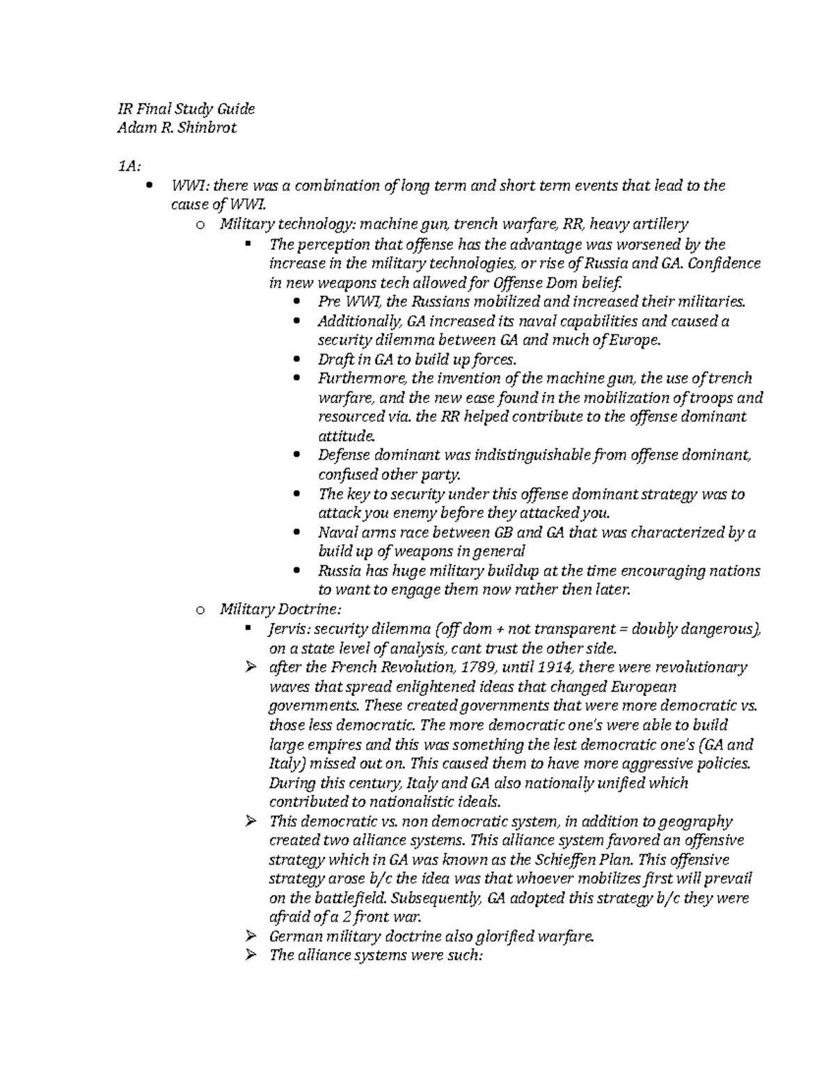 IR Final study guide - IR Final Study Guide Adam R. Shinbrot 1A: WWI ...