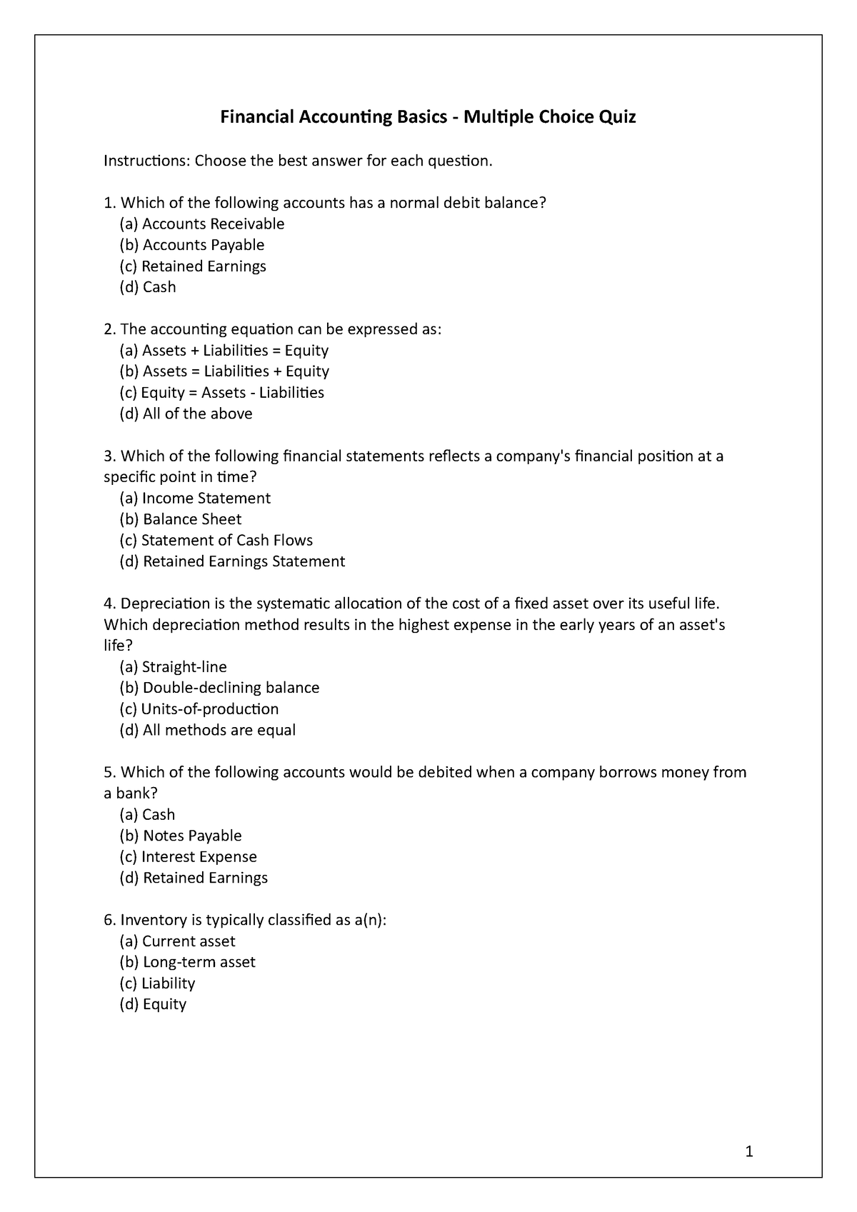 Financial Accounting Basics - Multiple Choice Quiz - 1 Financial ...