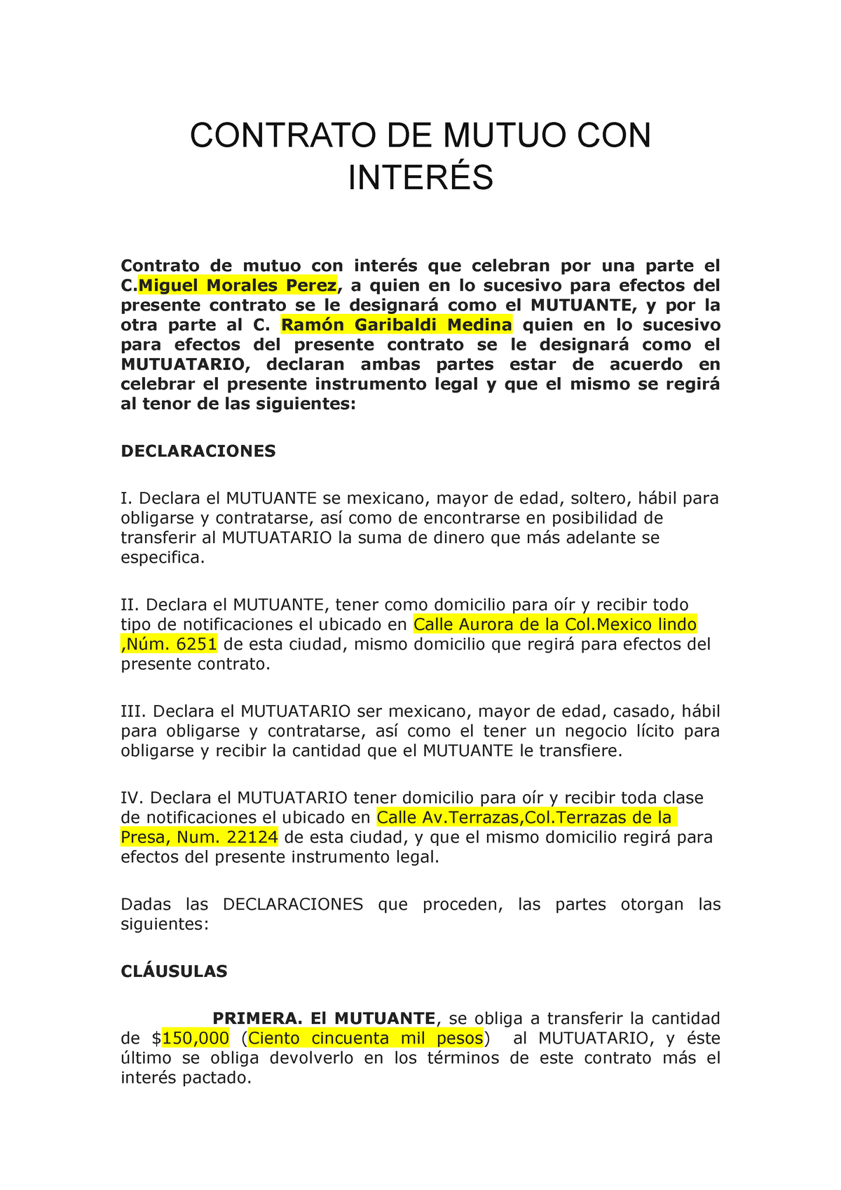 Contrato DE Mutuo CON Interés - CONTRATO DE MUTUO CON INTERÉS Contrato ...