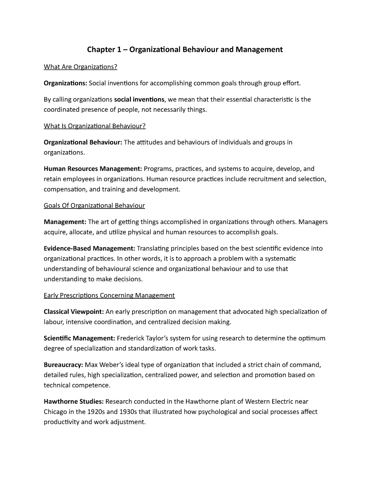 OB - Chapter Notes - Lecture Note 1-12 - Chapter 1 Organizational ...