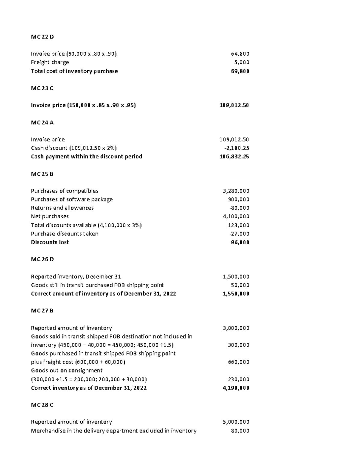 Mc Problems - Inventory - Mc 22 D Invoice Price (90,000 X .80 X .90) 64 