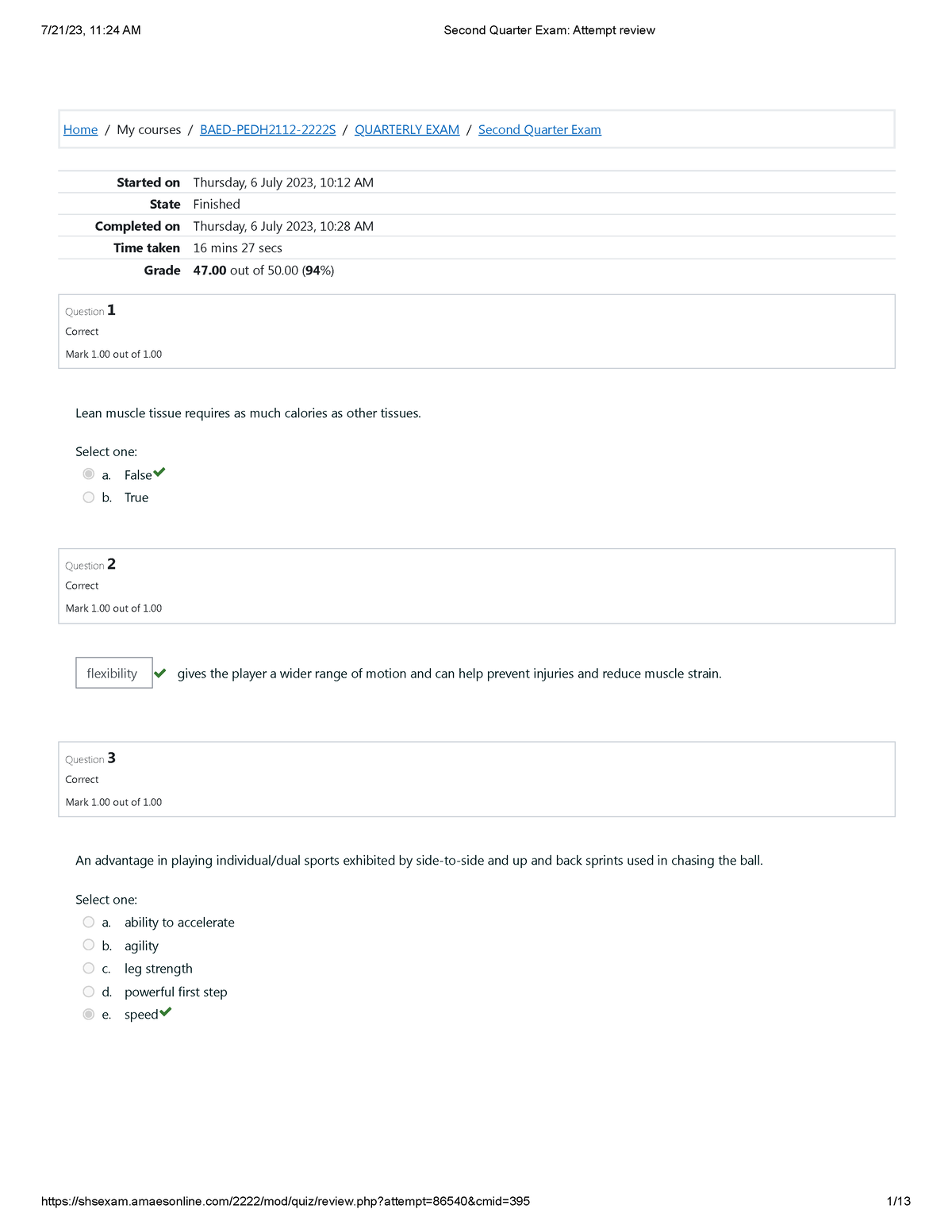 PE G11B - Exam - Home / My Courses / BAED-PEDH2112-2222S / QUARTERLY ...