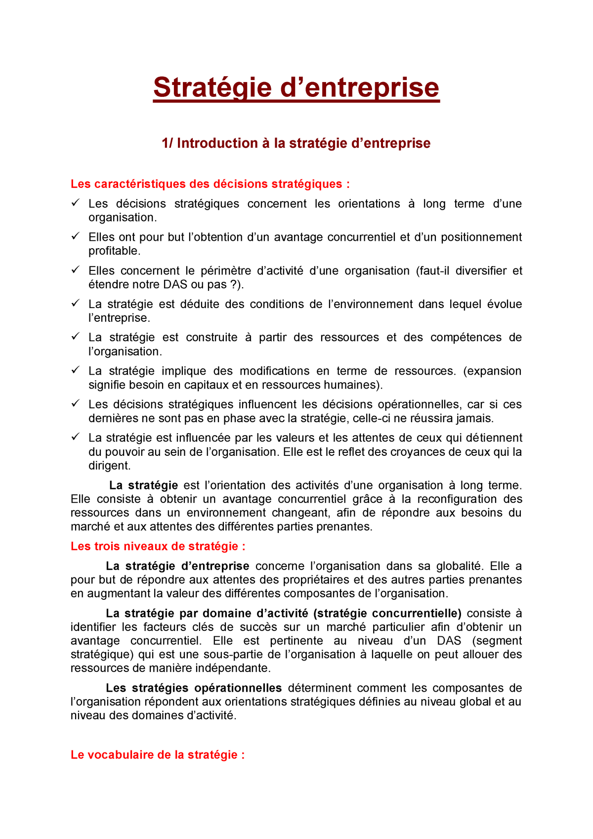 Strategie Entreprise Cours - Stratégie D’entreprise 1/ Introduction à ...