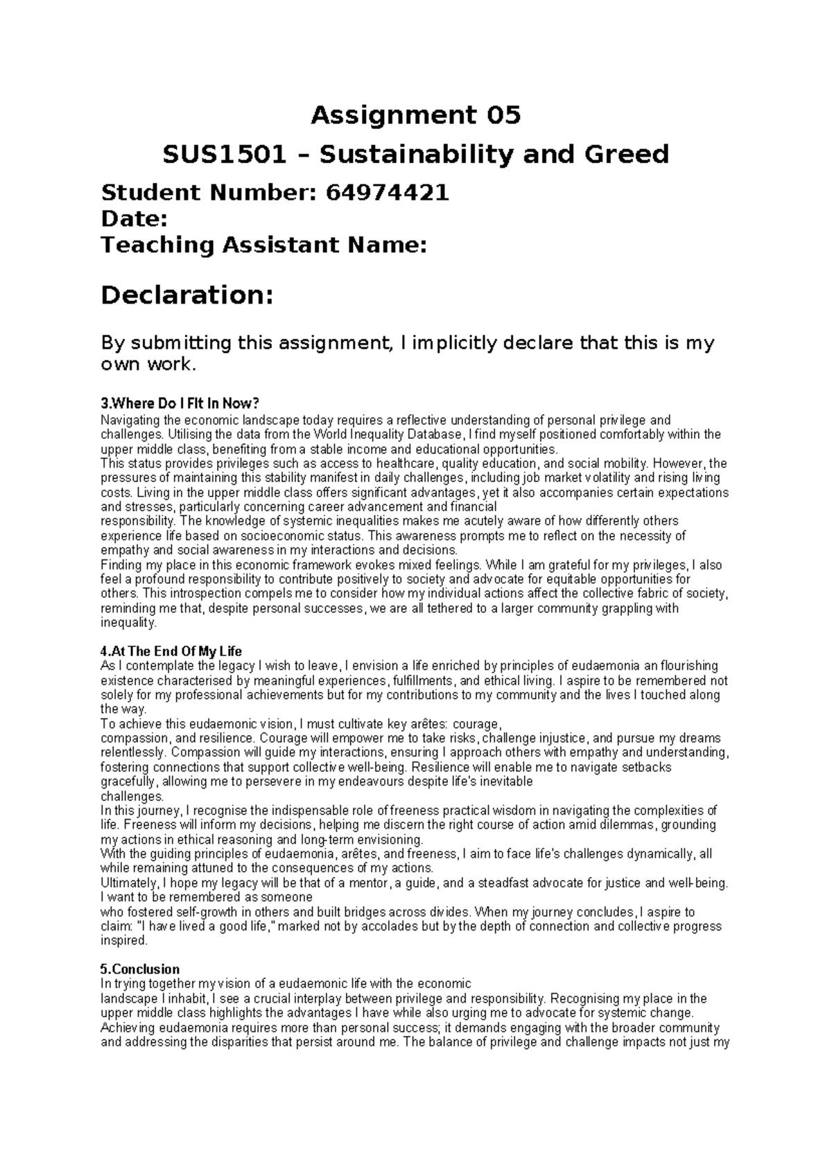 Sus1501 Assignment 7 - Assignment 05 SUS1501 – Sustainability and Greed ...