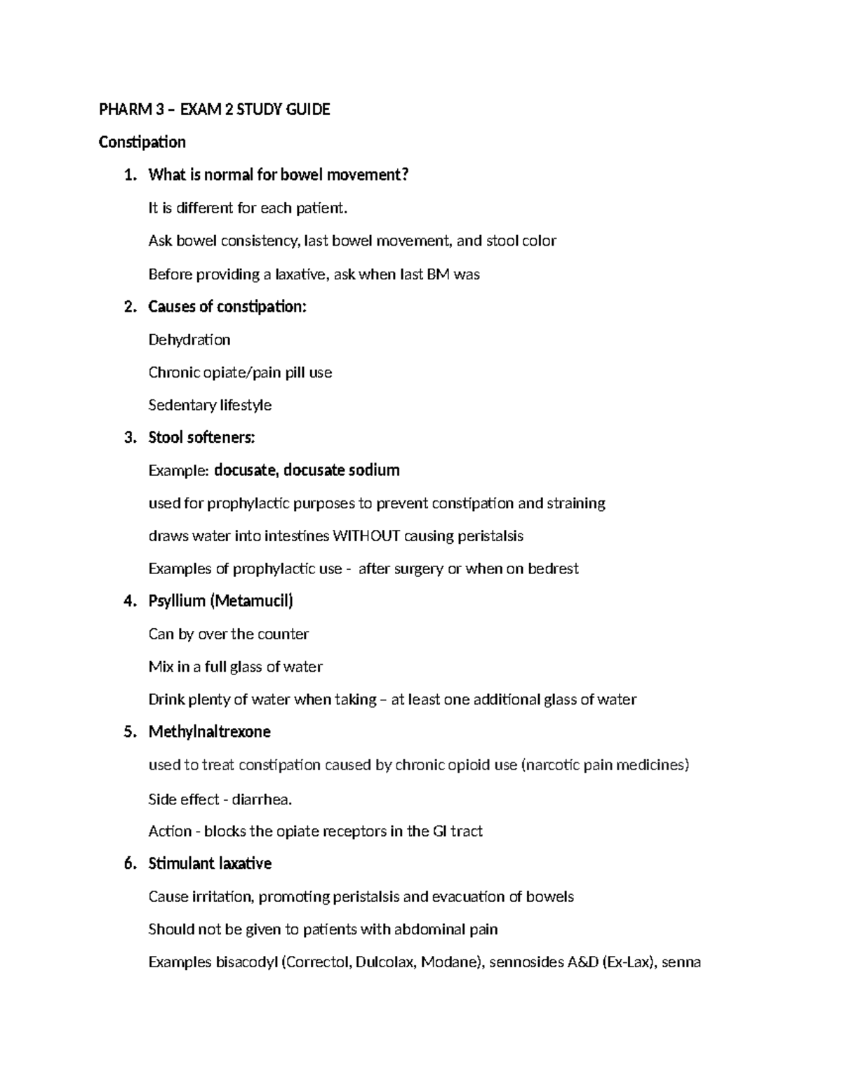 Pharm 3 Exam 2 Study Guide - PHARM 3 – EXAM 2 STUDY GUIDE Constipation ...