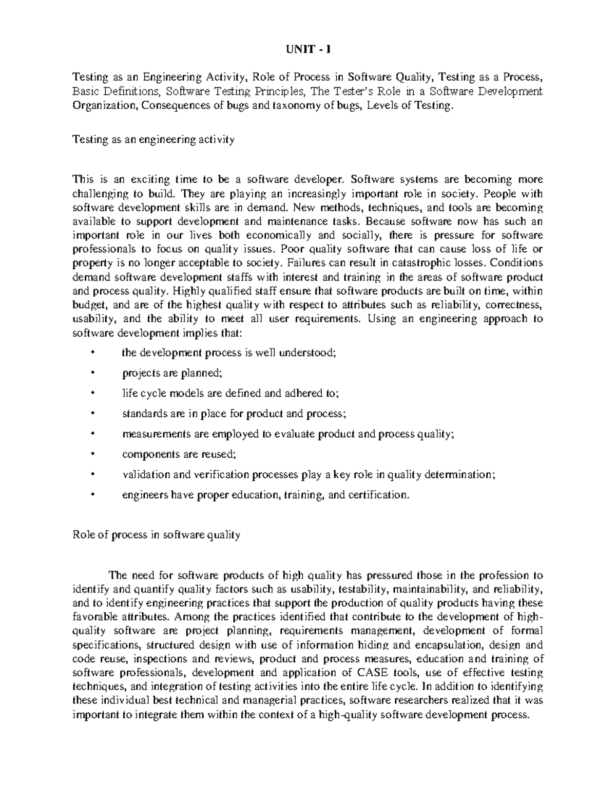 STM Unit - I Introduction - UNIT - I Testing as an Engineering Activity ...