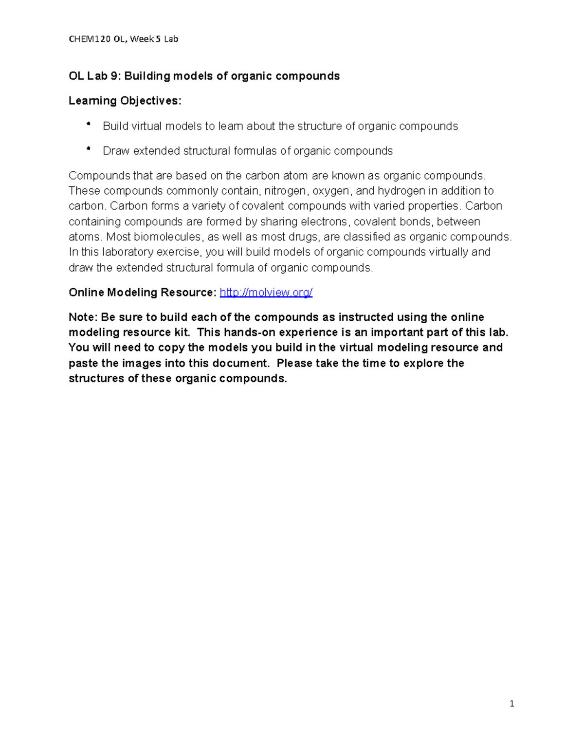 Week 5 Lab- Organic Chemistry - OL Lab 9: Building models of organic ...