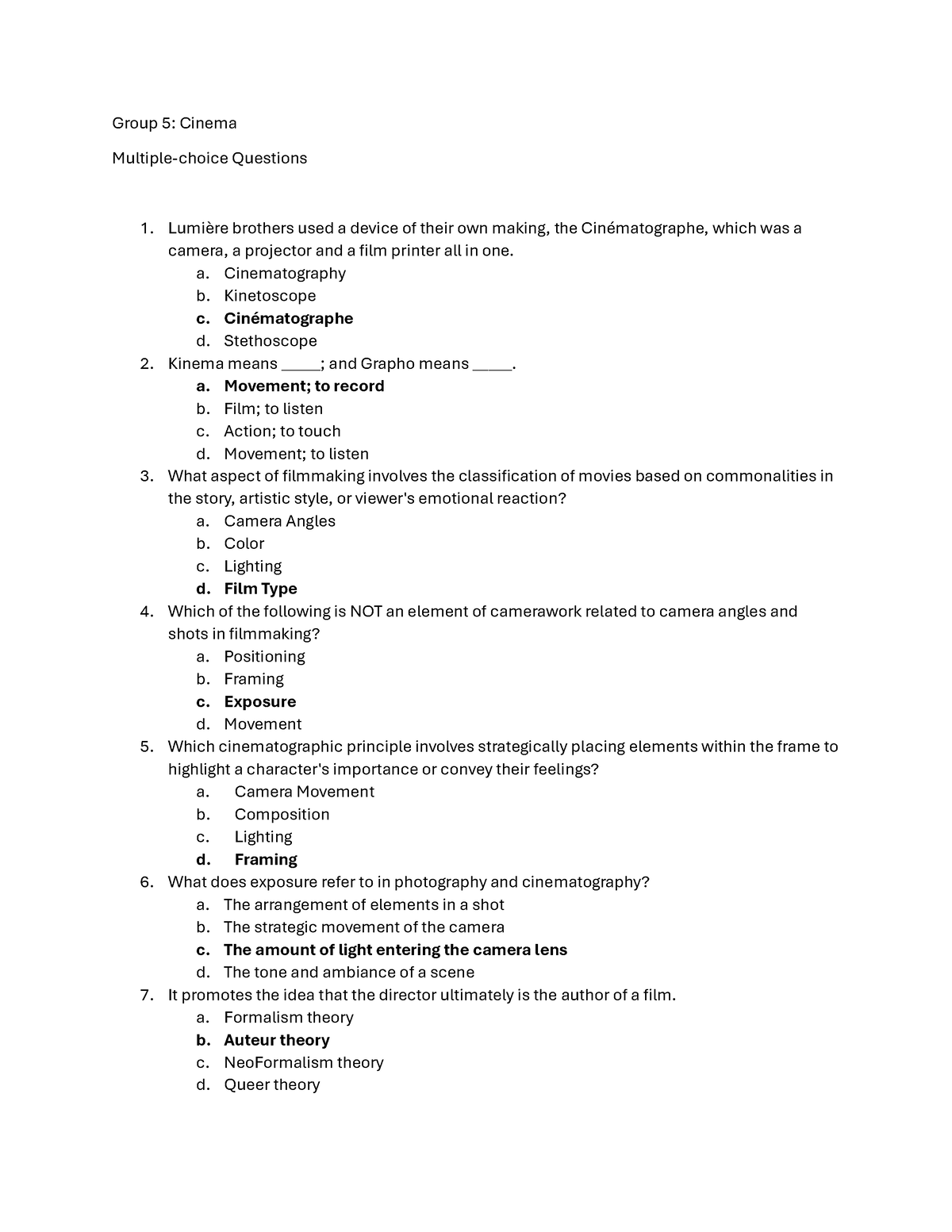 Group 5 - MCQ - Notes - Group 5: Cinema Multiple-choice Questions 1 ...