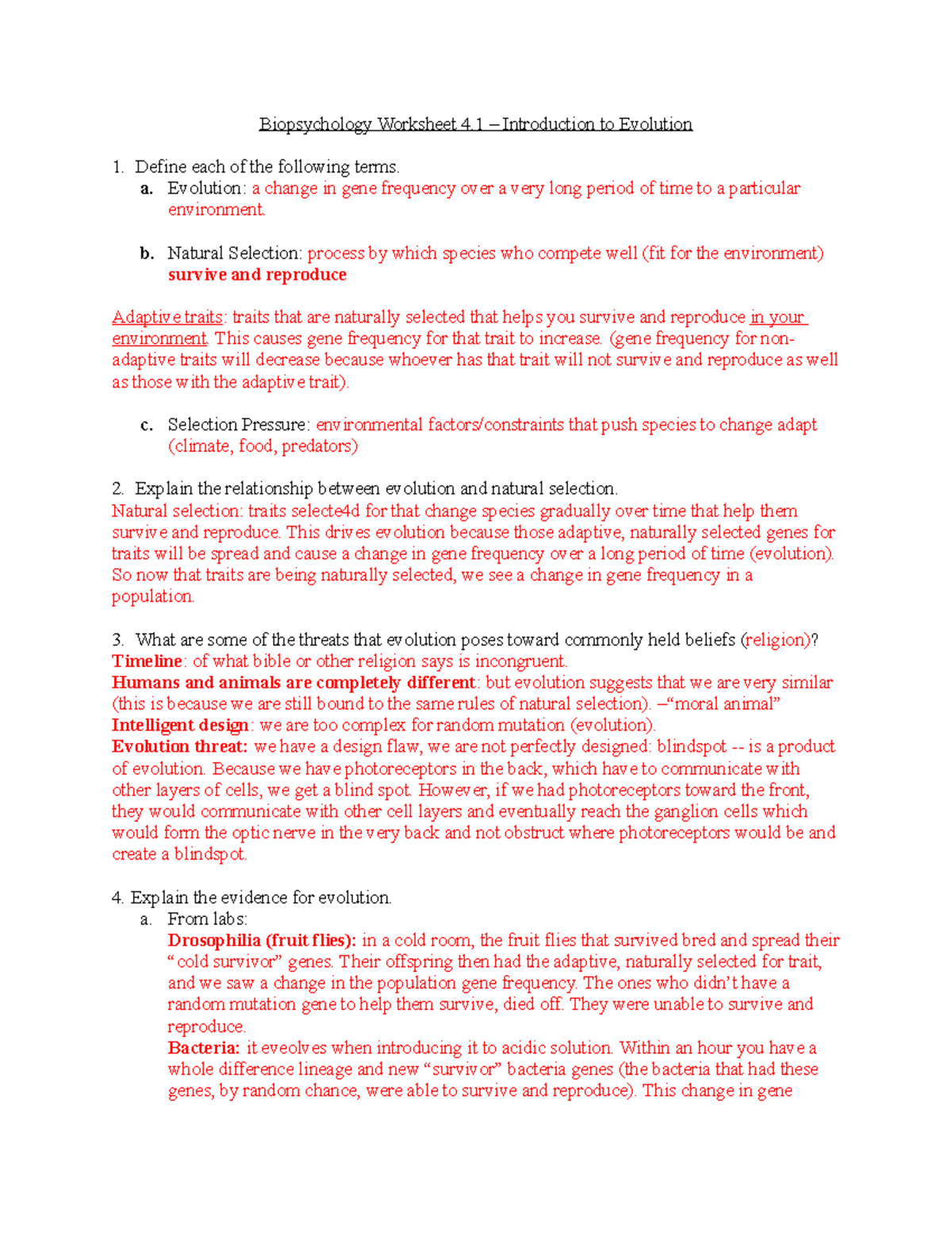 4 1 introductiontoevolution Biopsychology Worksheet 4 Introduction To