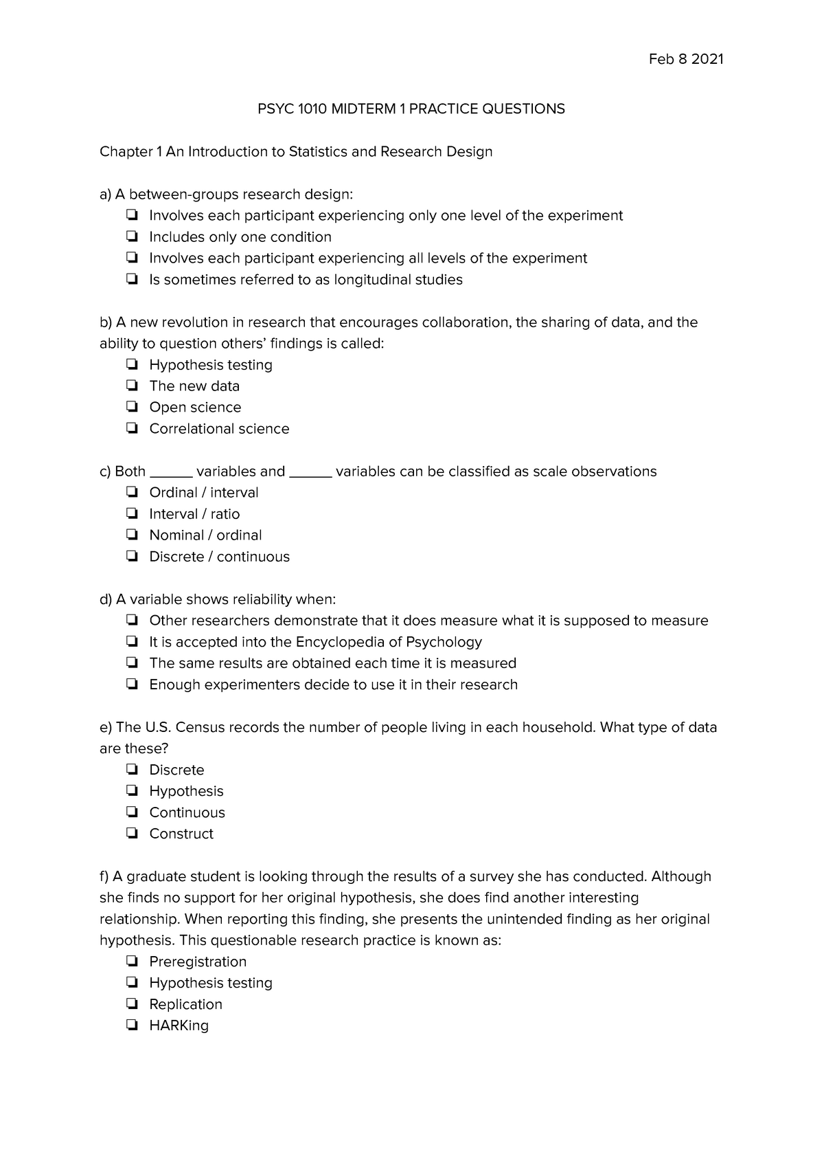 PSYC 1010 Midterm Practice Questions - PSYC 1010 MIDTERM 1 PRACTICE ...