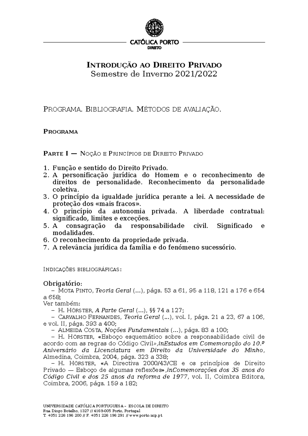 IDP - Programa 2021-2022 - INTRODUÇÃO AO DIREITO PRIVADO Semestre de ...